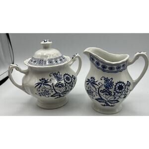 Cream and Sugar Bowl Meakin England Classic White Nordic Blue 4.25 x 2.5 Ins.